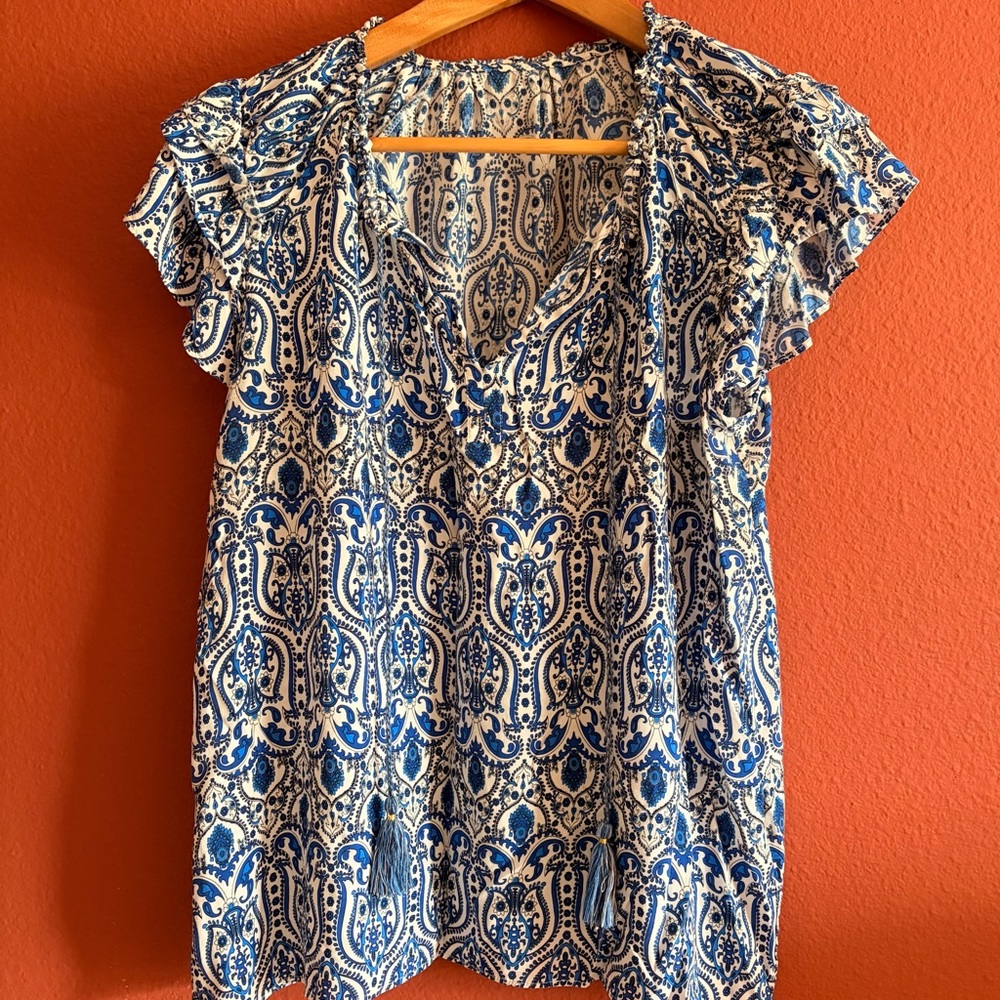 Rose & Olive Blue and White Paisley Cap-Sleeve Blouse